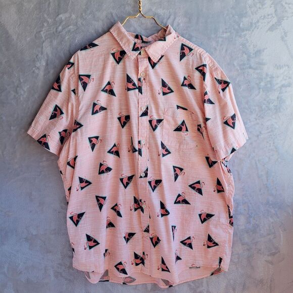URBAN PIPELINE Flamingo Print Button Down Shirt XXL Short Sleeve Cotton Resort - Picture 3 of 7